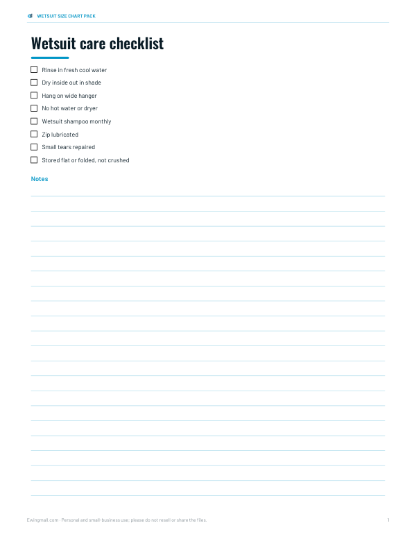 Preview of Printable Wetsuit Care Checklist